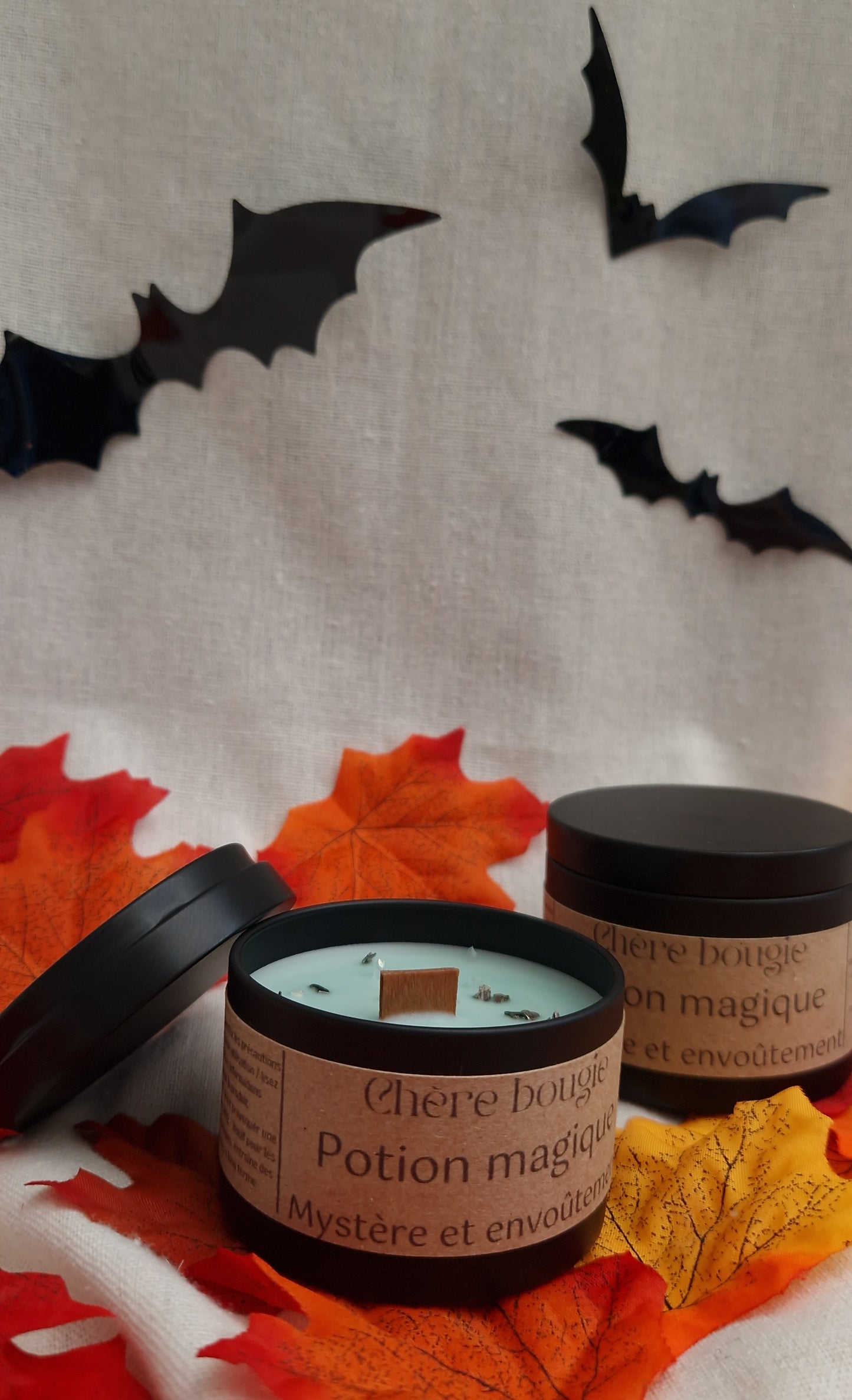 Ingrédients naturels de la bougie Potion Magique, incluant cire de soja et parfums de Grasse sans CMR, mettant en avant son respect de l'environnement.