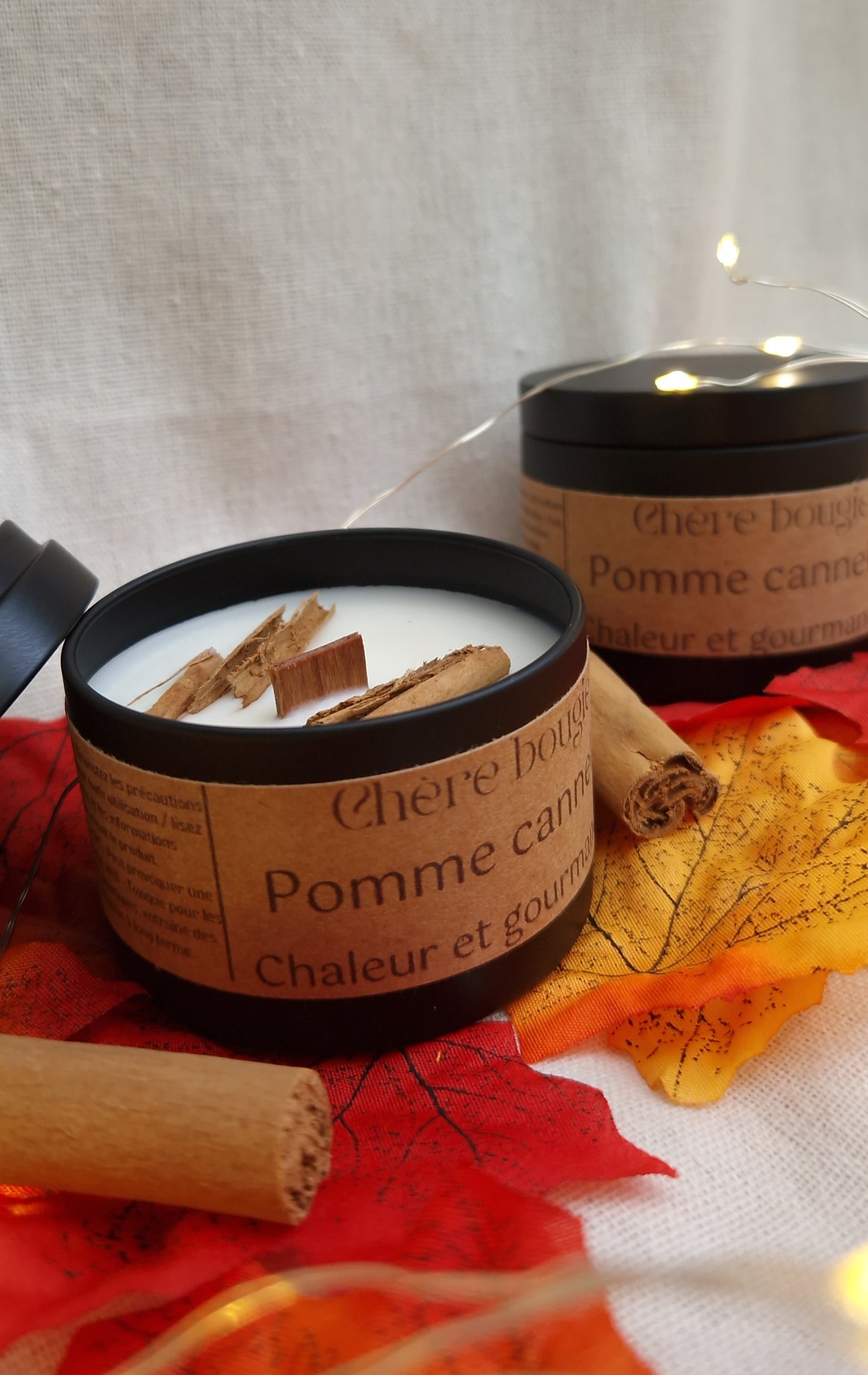 Détails de la bougie Pomme Cannelle, avec morceaux de cannelle sur le dessus pour un effet visuel et sensoriel gourmand.