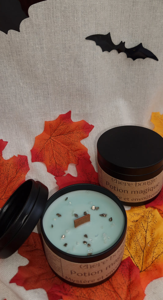 Bougie artisanale Potion Magique dans un élégant contenant en métal noir avec éclats verts et blancs décoratifs.